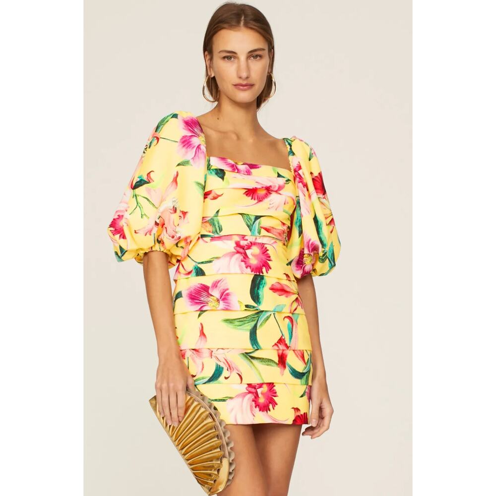 B1 PatBO Laelia Mini‎ Dress Yellow Floral 12 Puff Sleeve Tiered Summer Garden